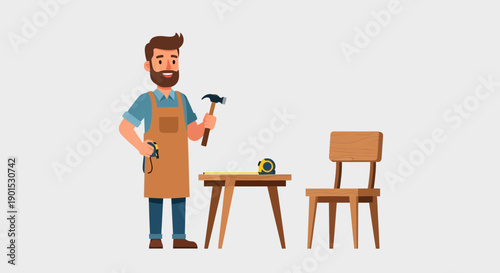 Smiling carpenter holding hammer and measuring tape near unfinished chair and table