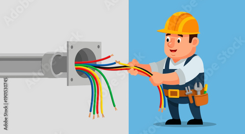 Cheerful electrician with hardhat connecting colorful wires and cables in a construction setting