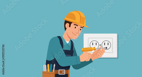 Skilled electrician using a screwdriver to repair an electrical outlet in a blue wall