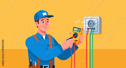 Professional electrician uses a multimeter to test wires connected to an electrical outlet