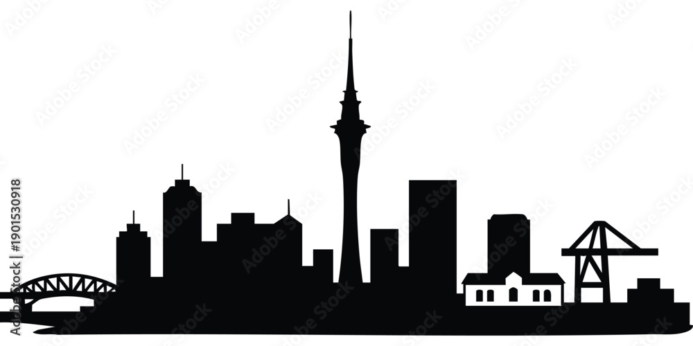 Fototapeta premium Auckland Skyline Silhouette. A black silhouette of a city skyline featuring a tall central tower resembling the Sky Tower, a bridge structure on the left, and an industrial crane on the right.