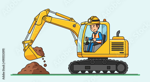 Cartoon construction worker operating a yellow excavator machine and digging dirt