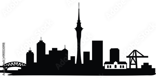 Auckland Skyline Silhouette. A black silhouette of a city skyline featuring a tall central tower resembling the Sky Tower, a bridge structure on the left, and an industrial crane on the right. 