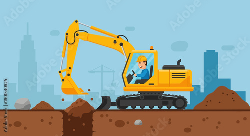 Yellow excavator with a driver digs into the earth at a construction site