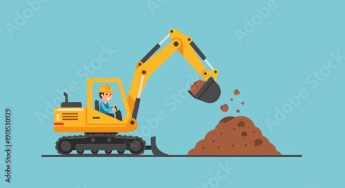 Smiling construction worker operating a yellow excavator digging dirt and forming a pile