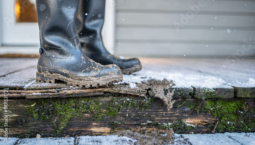 Wallpaper Mural Muddy black rubber boots standing on a rotting wooden porch in winter. Dirty rain wellies covered in mud and snow on mossy steps. Cold weather outdoor chores concept Torontodigital.ca