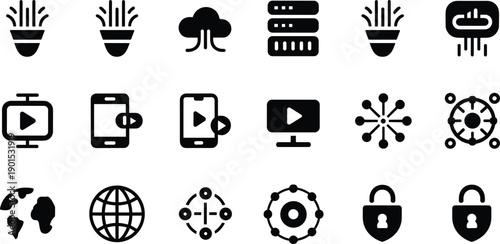 Web Technology Solid Icons Set Cloud Server Security Media Vector Collection