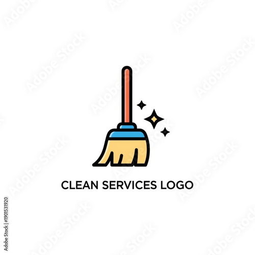 Clean services logo icon featuring a stylized broom with sparkling stars, perfect for cleaning companies and janitorial branding.