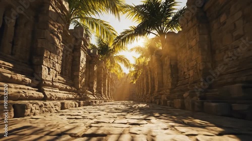 Ancient stone path illuminated by sunlight with palm trees lining the way. Mystical atmosphere created by sunlight filtering through trees, showcasing intricate stonework and ancient ruins.