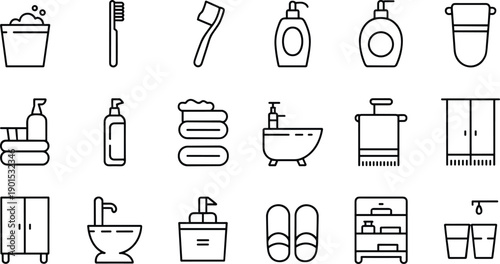 Bathroom Accessories Outline Icons Set Hygiene Toiletries Sink Towel Vector Collection