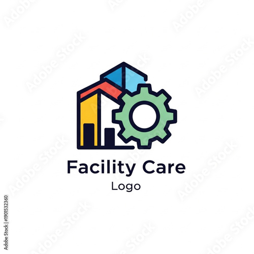 Colorful line art logo for facility care, management, or maintenance featuring a stylized building and a gear icon.