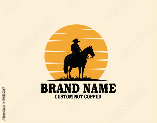 Silhouette of a cowboy riding a horse against a sunset background illustration