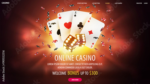 Website for online casino with a bright red background and a pile of cards and dice. The website is designed to look like a casino and has a bright, energetic feel to it