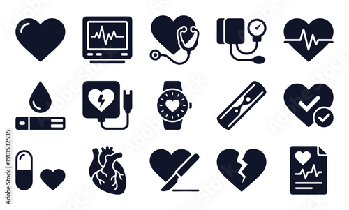 Cardiology and heart health icon set. Glyph black silhouettes – ECG monitor, pulse watch, defibrillator, blood pressure, surgery, diagnostics report, medication. Flat vector pictograms
