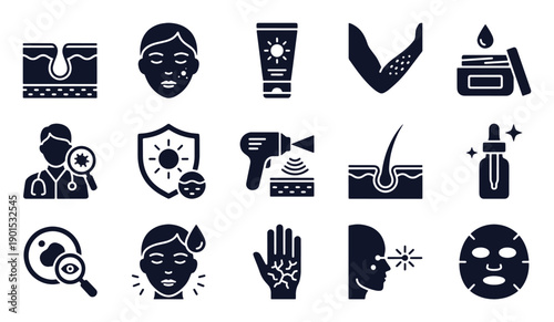 Dermatology and skin care icon set. Glyph black silhouettes – acne spot, moisturizer, UV protection, pore, hydration serum, face mask, eczema rash. Flat vector pictograms