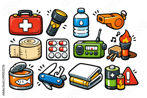 Emergency survival kit essentials: first aid, flashlight, water, whistle, radio, canned food, battery.