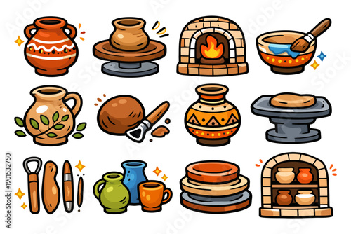 Handcrafted pottery and ceramic workshop elements illustrated.