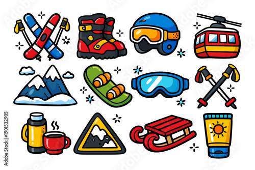 Colorful winter sports icons: skis, snowboard, goggles, boots, helmet, sledge, mountain.
