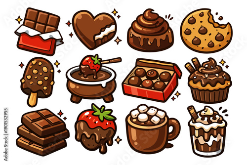 Assorted chocolate treats and desserts illustration with heart, truffles, and cookies.