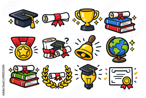 Education icons: graduation, books, diploma, trophy, medal, bell, globe, certificate.