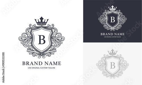 Elegant luxury brand logos with crown and shield emblems displayed on various backgrounds showcasing premium identity design concepts