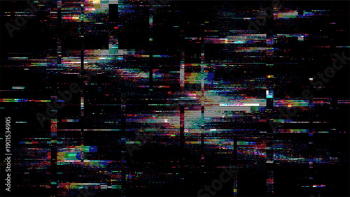 Abstract glitch background with colorful pixels. Digital disruption art. Dynamic distortion background for video game splash screen, music album cover.