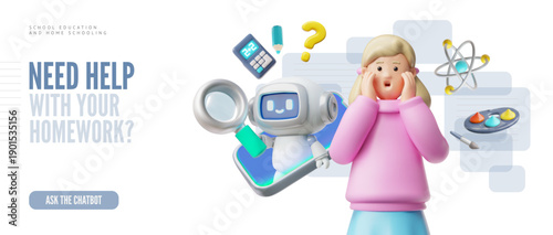 Need help with homework - ask the chatbot landing page 3D vector design, Artificial intelligence assistance in education