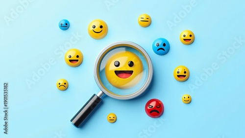 Happy Customer Feedback Concept with Magnifying Glass and Emoji Faces