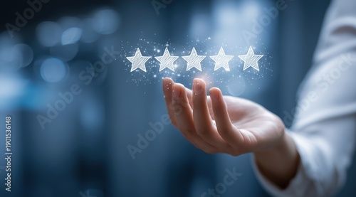 Wallpaper Mural a businesswoman's hand holds five stars on a virtual screen, representing customer experience and review services in an office setting with a copy space area Generative AI Torontodigital.ca
