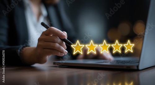 Wallpaper Mural businesswoman providing five-star hotel service using laptop computer and touch screen pen for a customer's review of quality and experience in digital marketing and online social media Generative AI Torontodigital.ca