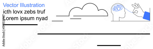 Mental health, cognitive research, neuroanalysis, brain function, creative thinking, education. Abstract design showing a hand pointing to brain illustration. Mental health and cognitive research