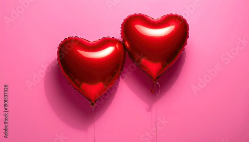 Wallpaper Mural Two shiny red heart-shaped balloons float against a vibrant pink background Torontodigital.ca