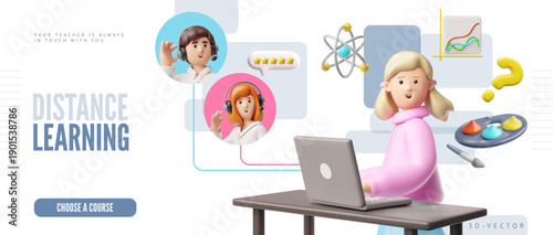 Distance learning 3D vector landing page, schoolgirl with laptop studying on course with teachers, online education