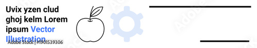 Education, industry, data organization, technology, creativity, design. Minimalistic layout with an outlined apple, gear symbol and horizontal lines. Education and technology for creative concepts