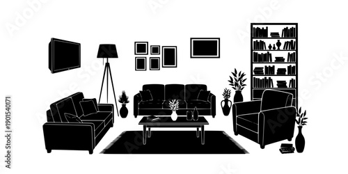 Living room furniture and decor silhouette isolated on white background
