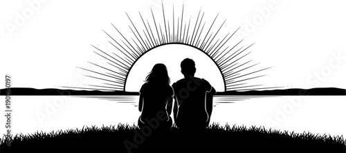 Couple watching sunset isolated on white background, Vector, illustration
