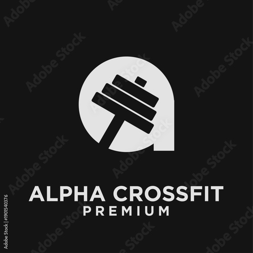 Alpha CrossFit Premium logo design featuring stylized letter A with a dumbbell weight, suitable for fitness and gym branding.