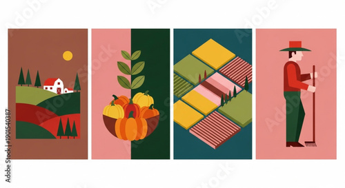 Farm Illustrations depicting rural autumn scenes with farm elements and a farmer working in the field