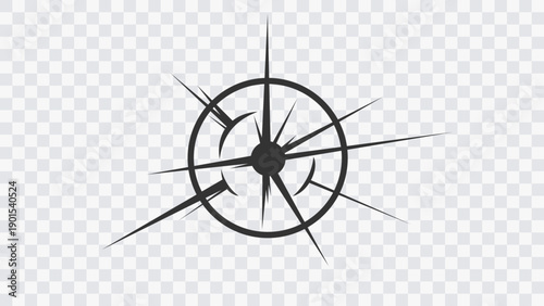 Abstract circular energy symbol with radial spikes and directional rays on a transparent background. Focus and power effect for video games, user interface design, logos, comics, and motion graphics.