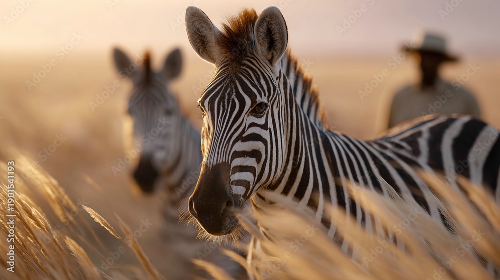 Fototapeta premium Zebras Grazing in a Sunlit Field with a Silhouetted Figure in the Background