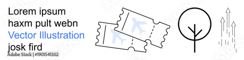 Travel, sustainability, growth, minimalism, air transportation, future innovation. Two tickets with airplane symbols beside a diagram of a tree and upward arrows. Travel and sustainability concepts
