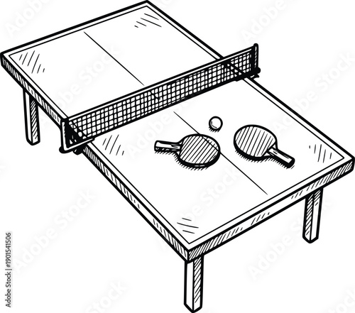 detailed isometric hand drawn ping pong table with paddles and ball featuring black ink fills and no white background fills for professional sports design