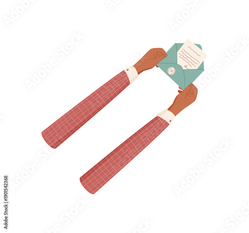 Hand holding envelope for feedback. Hand with open letter for review or comment on customer service. Isolated cartoon graphic style element opinion and message communication.