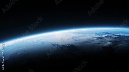 space banner with Earth curved horizon at bottom edge, thin atmospheric rim, deep black space filling most of frame, rocket already out of frame, very large clean copy  4K