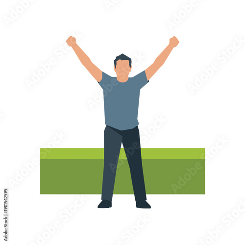 A man celebrating with his arms raised in triumph and excitement