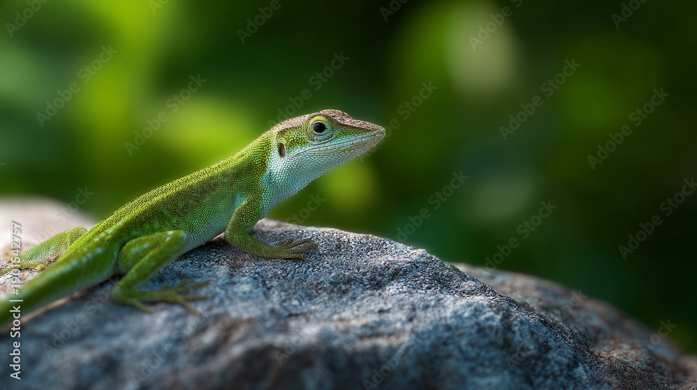 Fototapeta premium Close-up of a green lizard perched on a rock with a blurred natural background