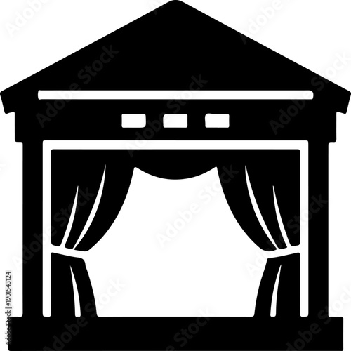 Classic theatre stage building with curtains minimalist black silhouette vector icon
