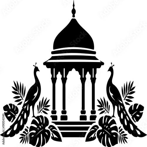 Traditional domed pavilion with peacocks and tropical leaves decorative silhouette vector icon
