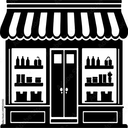 Vintage retail shopfront storefront with shelves minimalist black silhouette vector icon
