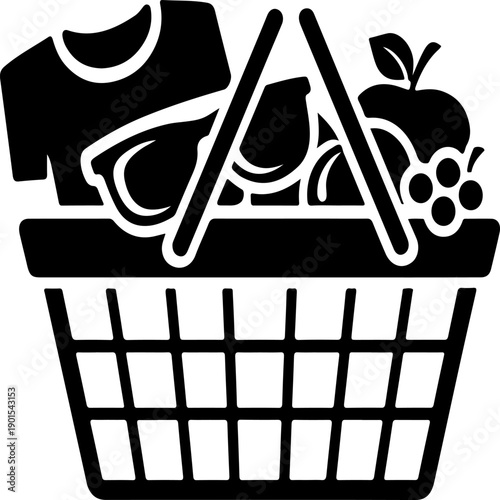 Shopping basket filled with clothes sunglasses and fruit minimalist black silhouette vector icon
